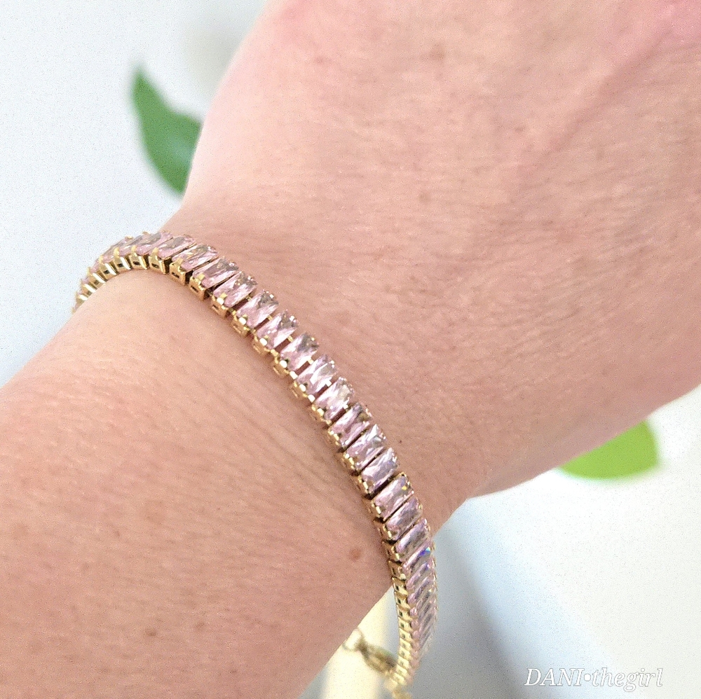 NEW Gold Tennis Bracelet With Pink Emerald Cut Stones - Picture 7 of 7